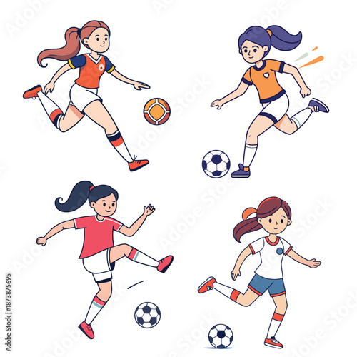 Energetic Cartoon Girls Playing Soccer Set