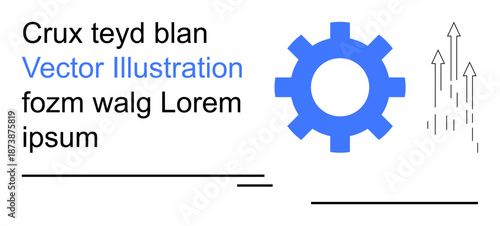 Innovation, technology, productivity, progress, engineering, system design. Blue gear icon accompanied by text and ascending arrows. Innovation and technology concept with clear symbols