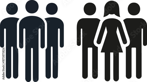 Solid Black Vector Icon of Three Human Figures Standing Together Representing Teamwork, Collaboration, and Community in a Minimalist Flat Style