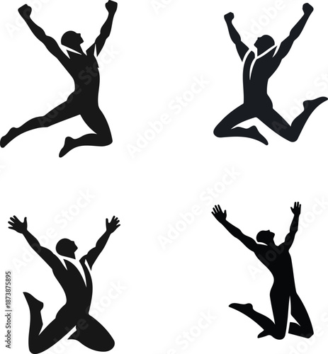 Energetic Solid Black Vector Icon of a Human Figure Jumping Upward with Raised Arms Representing Success, Freedom, and Achievement