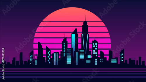 Retro Futuristic Cityscape Vector Illustration with Sunset and Neon Lights