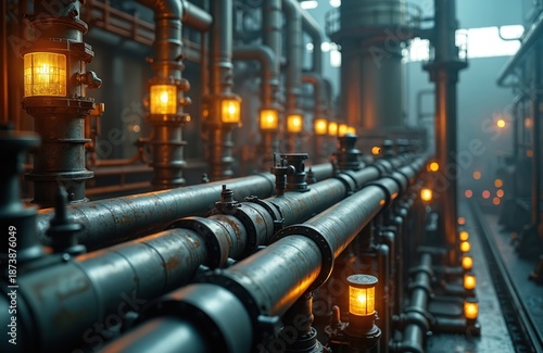 Wallpaper Mural Industrial boiler piping tech photo. Machinery and metallic pipeline system. Structure inside factory with lights and valves. Steam and energy environment with pipes and equipment. Torontodigital.ca