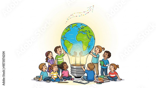 Diverse group of children gathered around a hot air balloon with the earth as the balloon surrounded by books and smiling representing global education and learning