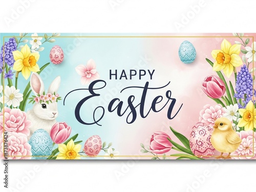Happy Easter Greeting Banner with Colorful Painted Eggs, Cute Bunny, and Spring Flowers