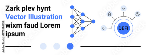 Abstract network diagram connecting nodes with a central DEFI hub. Ideal for blockchain, finance, crypto, fintech, technology, innovation, and simple landing page