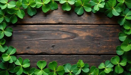 Clover leaves frame on brown wooden board. Fresh green shamrocks arranged as border. Rustic background suitable for St Patricks Day designs. Floral pattern on wooden texture with empty space.