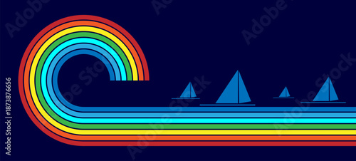 Sailing yachts on a sea wave. Sea waves of different colors. Advertising poster for sailing.