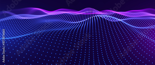 Big Data Flow With Glowing Particle Waves On Dark Background. Abstract AI Neural Network And Digital Communication Concept. Futuristic Tech Design. Vector Illustration.