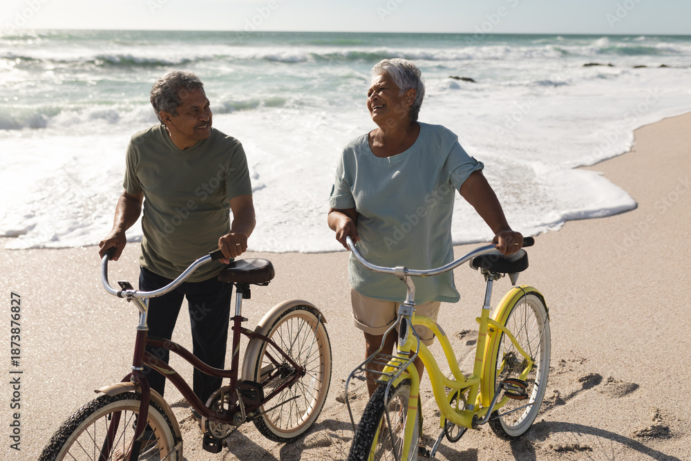 Fototapeta premium Happy multiracial senior couple talking while wheeling bicycles on shore at beach during sunny day