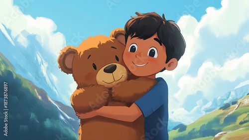A tedy bear with a boy in the jungle cartoons.