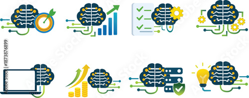 Set of artificial intelligence and machine learning icons with brain, data, growth, target, security, idea, and technology concepts