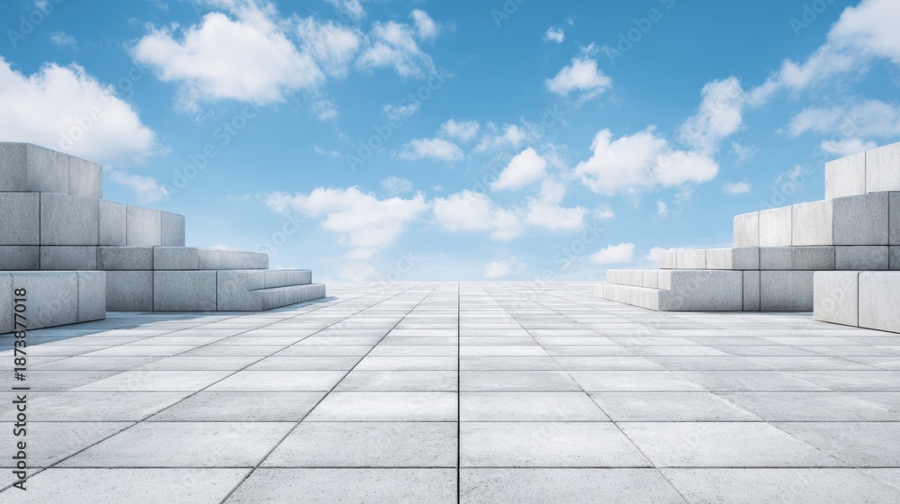 Fototapeta premium Clouds drift in the sky above a platform made of ancient stone blocks in an open area with no buildings around.