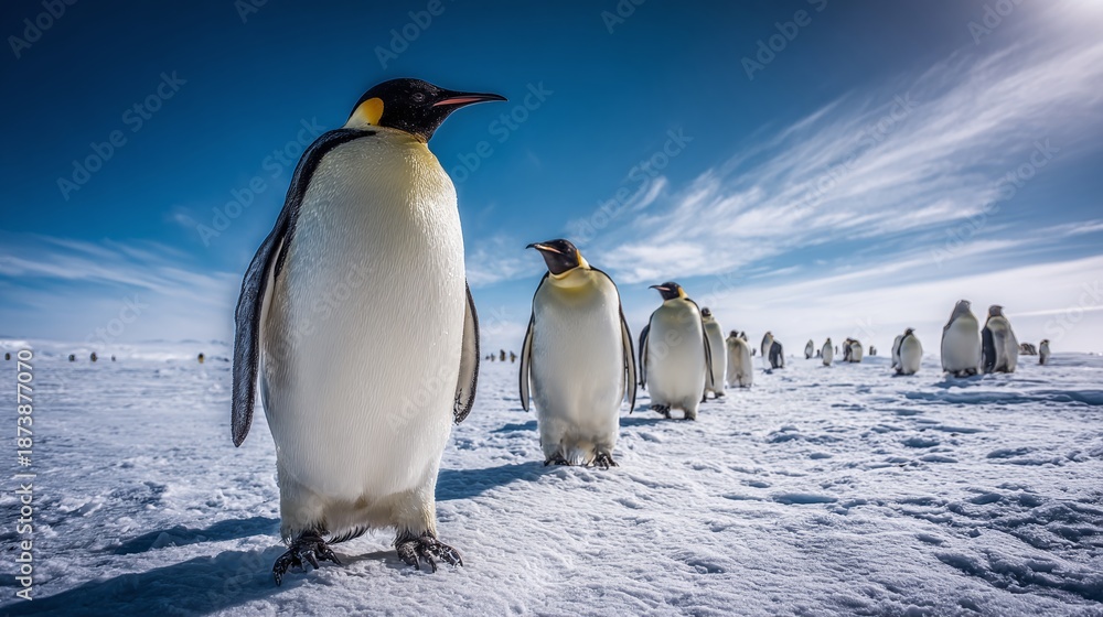 Obraz premium A regal assembly of penguins graces the icy expanse, under a clear, blue sky. Their distinct black and white plumage pops against the snow. A natural scene that captures