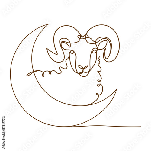 minimalist line-art illustration of a Eid Al Adha, concept on a crescent moon