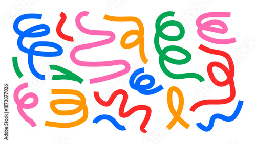 Collection of colorful hand drawn squiggles and scribbles isolated on transparent background. Bold curved and wavy lines swirled brush strokes with loops. Simple squiggle set. Vector illustration.