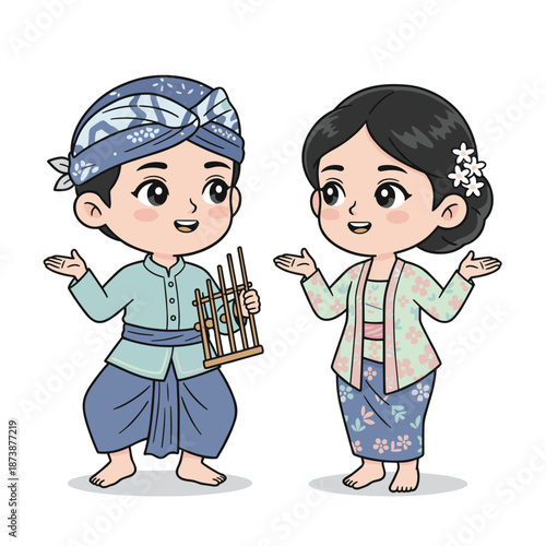 Indonesian Sundanese Traditional Couple Wearing Pangsi Kebaya With Angklung Instrument