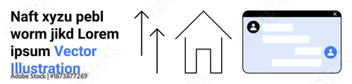 Digital tools, communication growth, remote work, technology concepts, online networking, and home productivity. Upward arrows, house and chat interface. Communication growth and digital tools