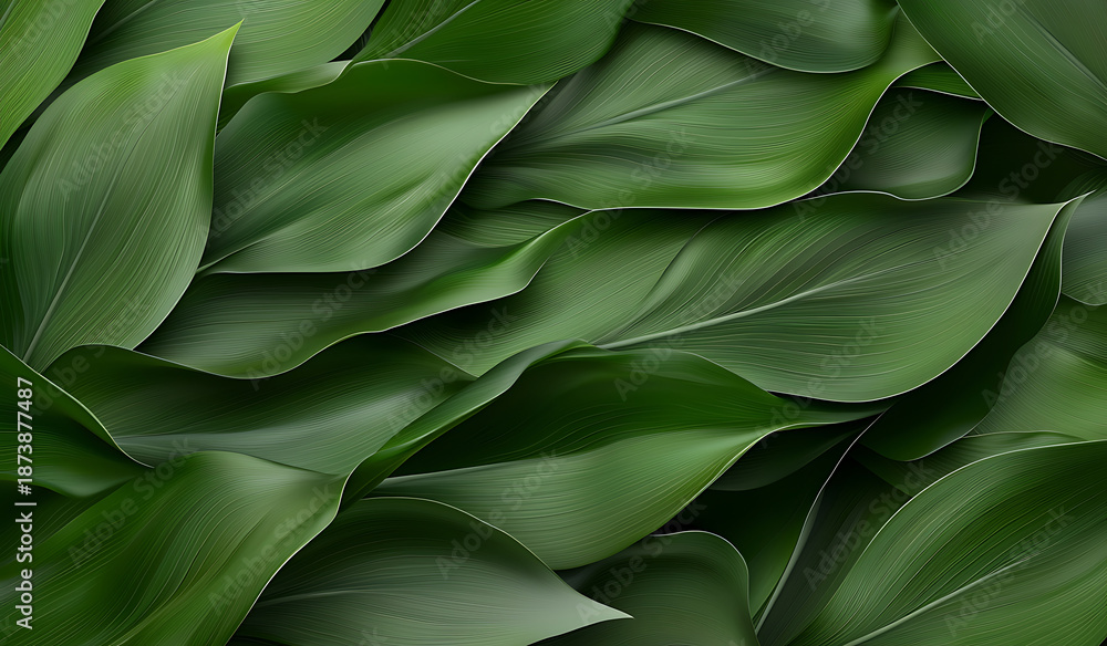 Obraz premium Lush green leaves create realistic background, showcasing vibrant textures and natural beauty, perfect for nature themed designs