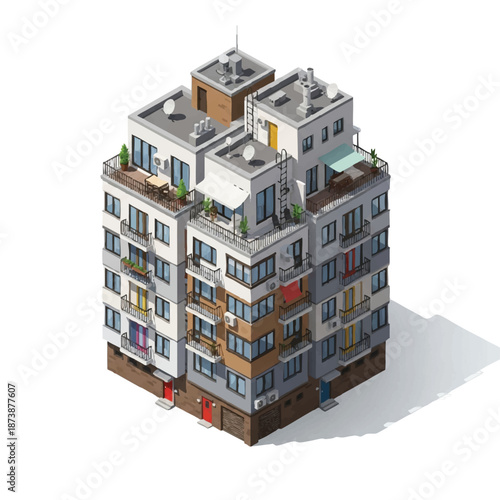 Isometric 3D illustration of a multi-story apartment building with balconies and rooftop terraces in a cartoon style against a clean white background.
