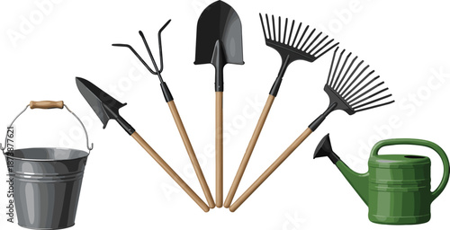 Garden tools set with shovel rake trowel watering can and bucket isolated on white background flat vector illustration