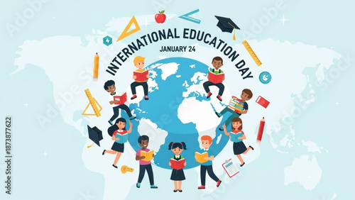 International education day illustration with diverse children around the globe with learning and school and diversity and kids and students