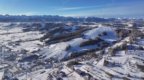 Aerial drone view of Bialka Tatrzanska ski resort in Poland during winter