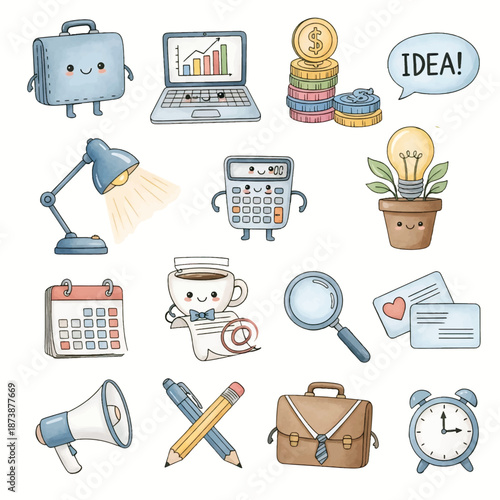 Colorful cartoon vector business icon set with office school medical education and web symbols for design and illustration