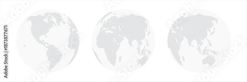 Dotted Globe World Map Vector Set with Three Earth Views, Abstract Round Planet Maps Made of Points, Global Geography Illustration for Infographics, Data Visualization, Business and Technology Design