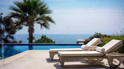 A minimalistic modern building with a swimming pool in front, surrounded by outdoor furniture and shaded by clouds in the azure sky. A perfect property for real estate