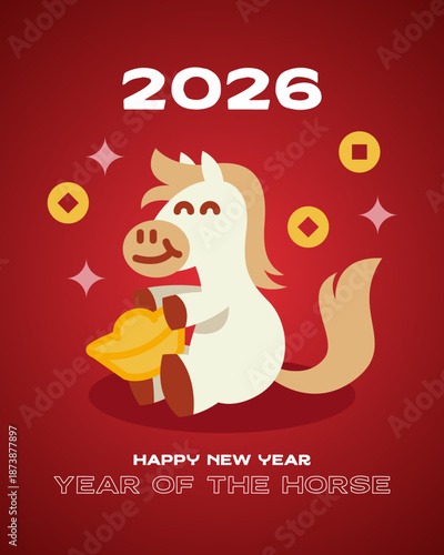 2026 Chinese New Year with Cute Horse Illustration and golden ingot, Social Media Feed 4:5