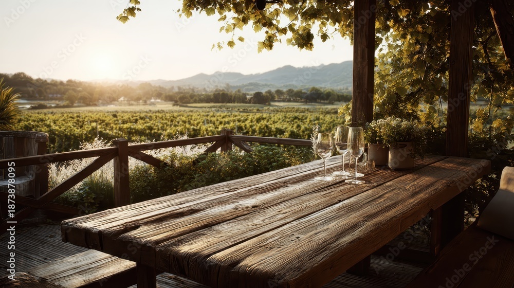 Naklejka premium Rustic table with wine glasses overlooks a sunlit vineyard at golden hour. Perfect for showcasing vineyard tours, luxury travel, and tranquil escapes.