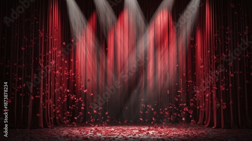 A red curtain frames a stage illuminated by bright spotlights, creating a dramatic atmosphere. Rose petals float, adding elegance and anticipation for a special performance.