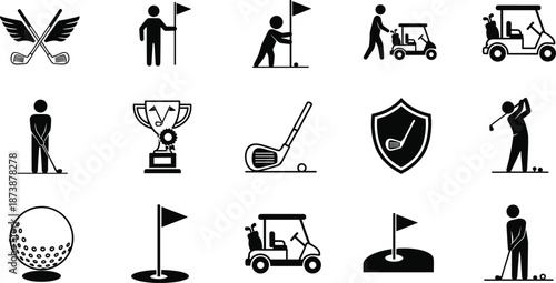 Golf sport icon set with players clubs carts flags balls and trophies isolated black silhouette flat vector illustration
