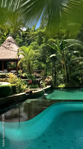 Bungalows with private patios beside tranquil pool reflecting sky, nestled in lush tropical forest