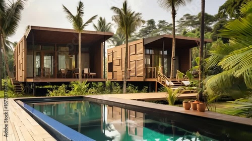 Wooden bungalows with large windows and a private infinity pool surrounded by lush tropical vegetation create a tranquil and exclusive atmosphere