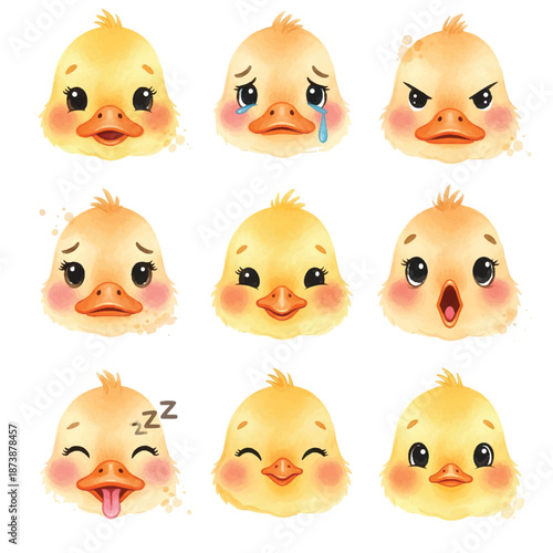 A colorful set of cute and funny cartoon duck faces showing different emotions and playful expressions