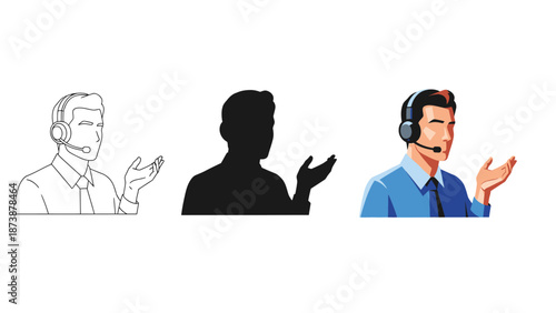 Customer service representative with headset presenting or explaining, shown in three styles line art, silhouette, and full color illustration