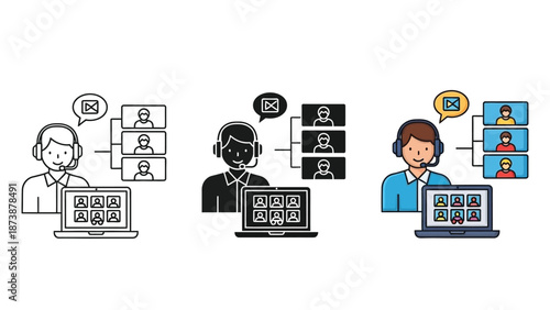 Set of three icons representing customer support agent or online teacher conducting a video conference call or online meeting via laptop, different styles line art, solid black, and color illustration