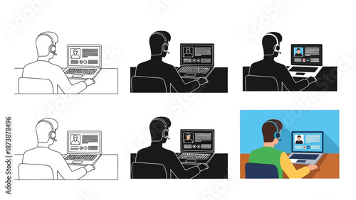 Customer support agent with headset working laptop at desk, set of six illustrations showing different styles including outline and silhouette