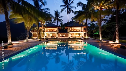 Luxurious villa with illuminated swimming pool reflecting serene blue waters, surrounded by swaying palm trees against twilight sky, embodying tropical paradise elegance