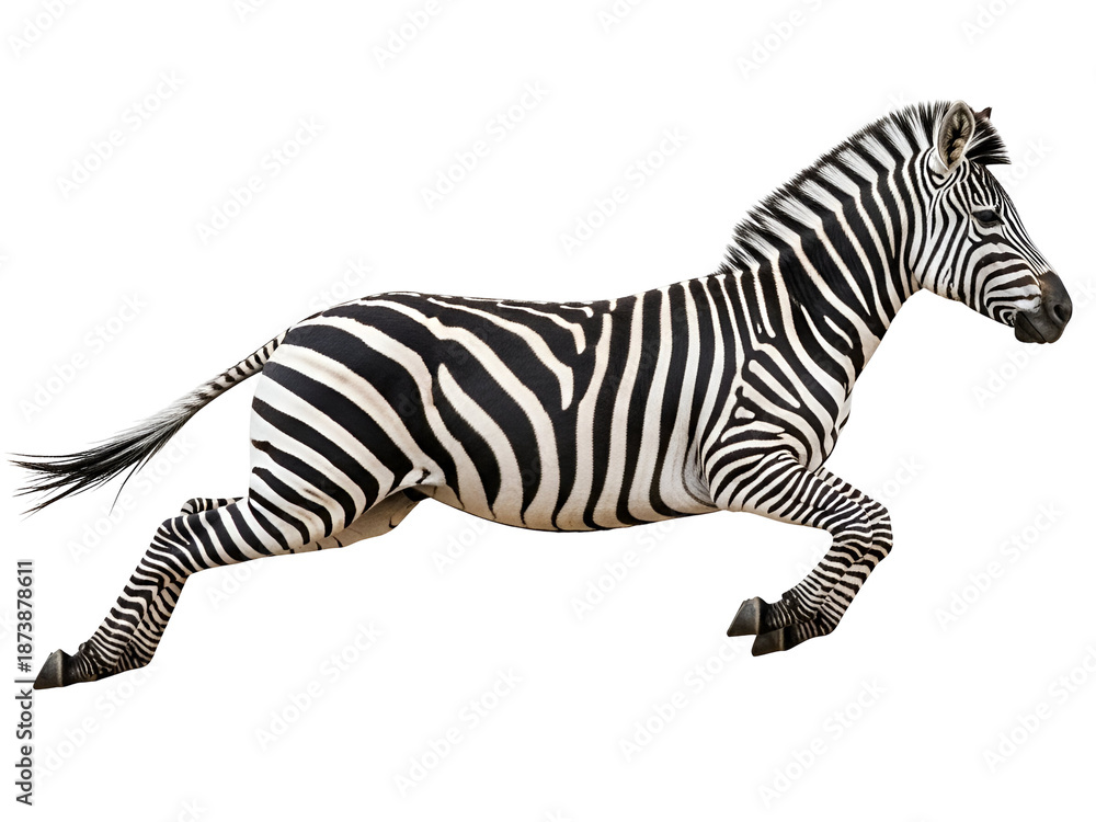 Fototapeta premium Powerful Black and White Striped Zebra Leaping Mid-Air, captured in an energetic pose, isolated on transparent background for dynamic design.