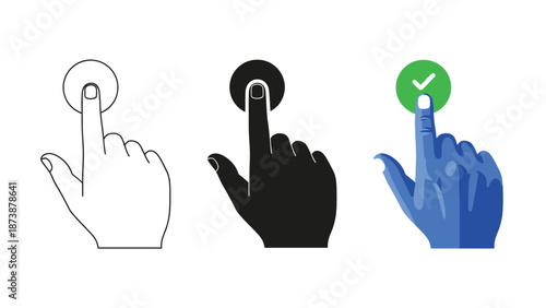 Set of three hand icons showing a tap or touch gesture, including outline, solid black, and blue color with a green checkmark confirmation