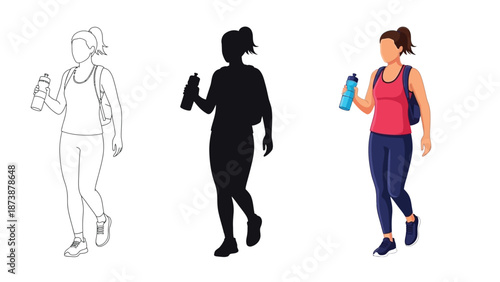 Woman athlete walking and holding a water bottle, shown in outline, silhouette, and full color vector illustration styles