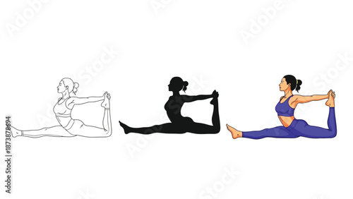 Set of three illustrations of a woman performing one leg extended king pigeon pose eka pada rajakapotasana in yoga outline, silhouette, and full color version