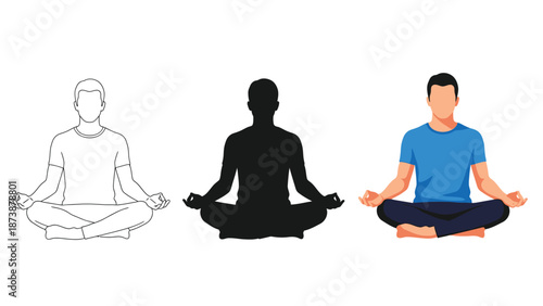 Set of three illustrations of a man meditating in lotus pose outline, silhouette, and full color vector graphic