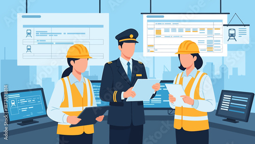 Customs officers and workers collaborating in a control room.