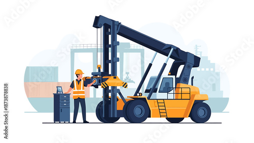 Heavy Duty Forklift Truck and Worker in Industrial Setting.