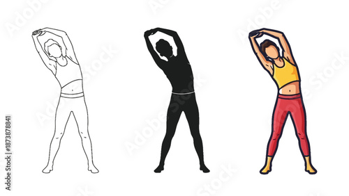 Three variations of a person performing a side bend stretch outline, silhouette, and colored illustration, demonstrating warmup or exercise routine