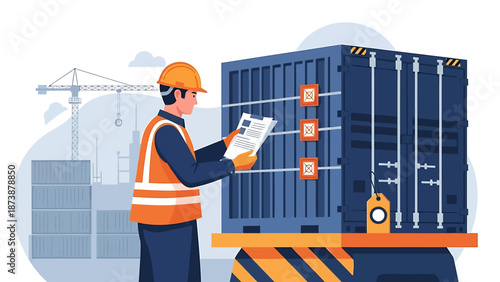 Logistics worker inspecting cargo container with checklist.