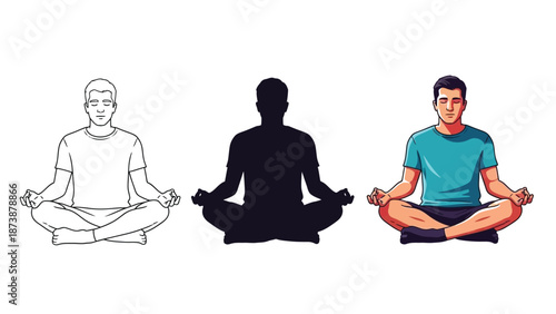 Man meditating in lotus position line art, silhouette, and full color illustration set for yoga and mindfulness concepts
